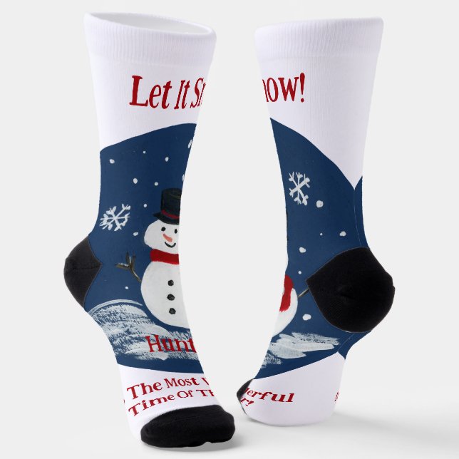 Snowman Wonderful Time Year Unisex PERSONALIZE  Socks (Angled)