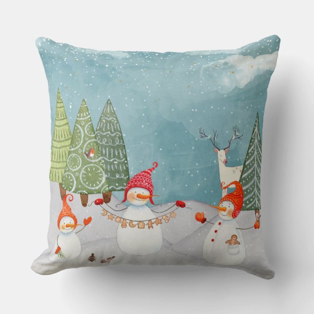 SNOWMAN & WOODLAND FRIENDS IN WINTER WONDERLAND CUSHION (Front)