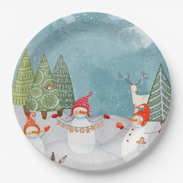 SNOWMAN & WOODLAND FRIENDS IN WINTER WONDERLAND PAPER PLATE (Front)