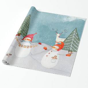 SNOWMAN & WOODLAND FRIENDS IN WINTER WONDERLAND WRAPPING PAPER