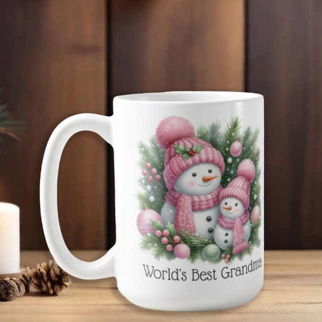Snowman World's Best Grandma Pink Green Christmas Coffee Mug (Cute snowman "World's Best Grandma" mug)