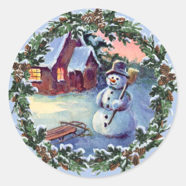 SNOWMAN & WREATH by SHARON SHARPE Classic Round Sticker (Front)