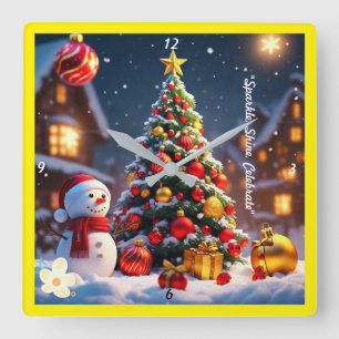 "Snowman's Christmas Gift" Square Wall Clock