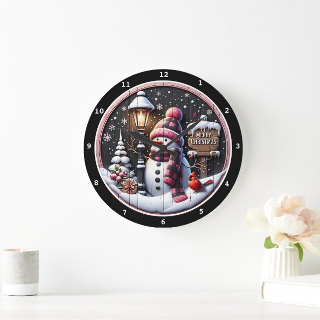 Snowman's Cosy Night" - Festive Black Christmas  Large Clock (Home)