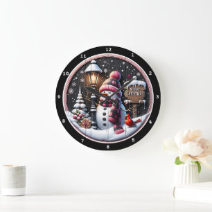 Snowman's Cozy Night" - Festive Black Christmas  Large Clock