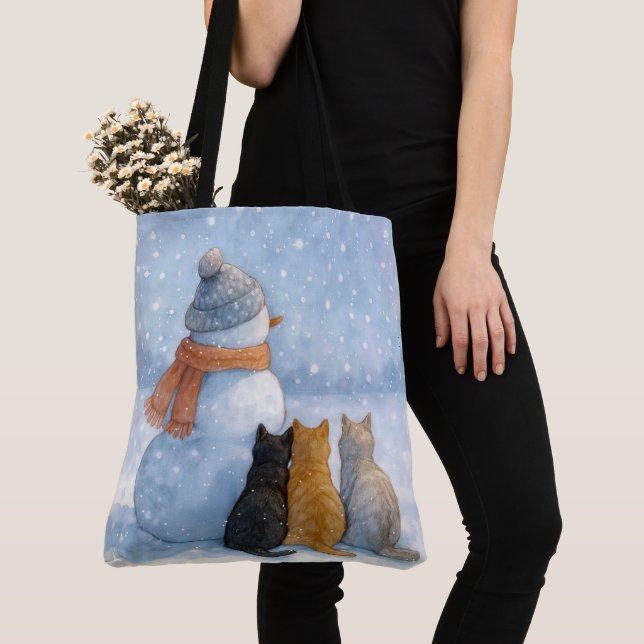 Snowmen and Cats In a Snowy Field Tote Bag (Close Up)