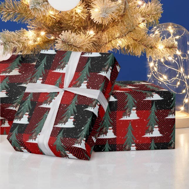 Snowmen and Deer on Plaid Wrapping Paper (Holidays)