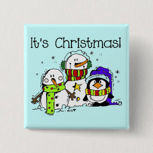 Snowmen and Penguins It's Christmas 15 Cm Square Badge