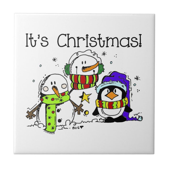 Snowmen and Penguins It's Christmas Ceramic Tile (Front)