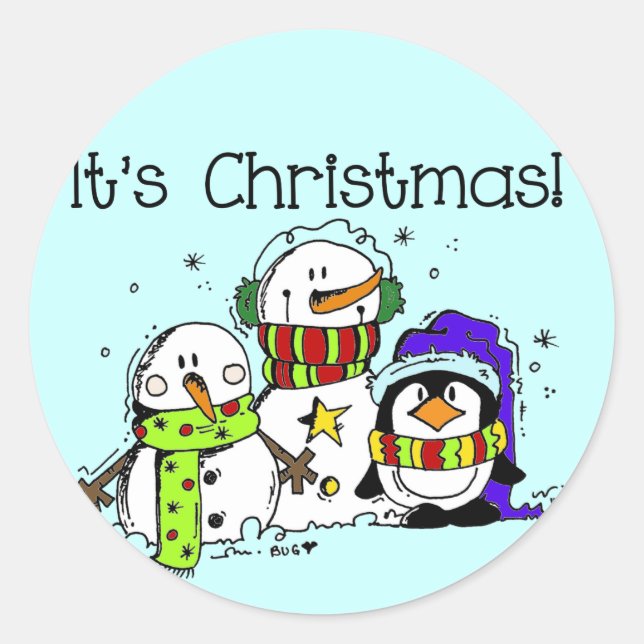 Snowmen and Penguins It's Christmas Classic Round Sticker (Front)