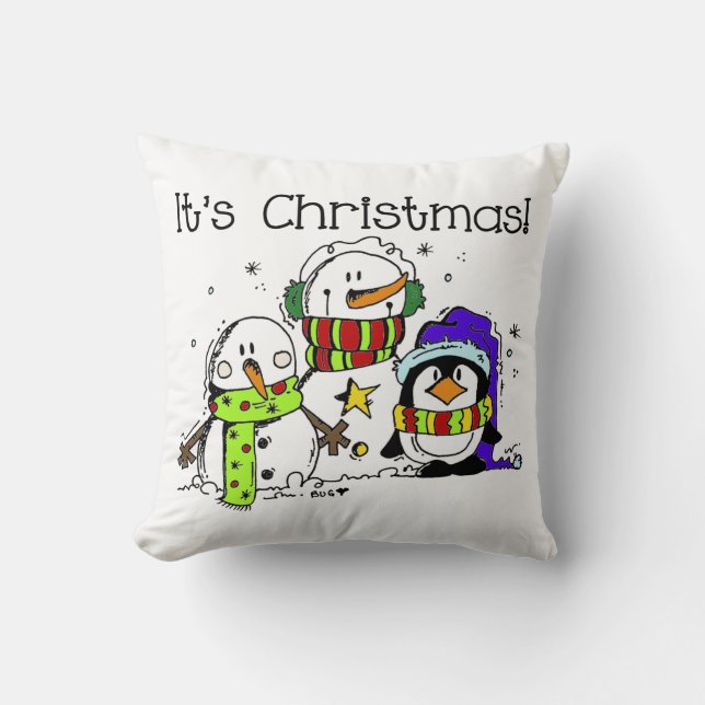 Snowmen and Penguins It's Christmas Cushion (Front)