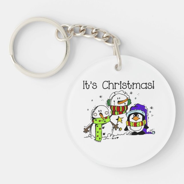 Snowmen and Penguins It's Christmas Winter Key Ring (Front)