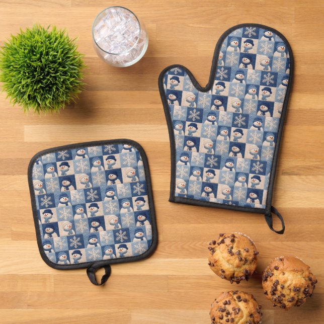 Snowmen and Snowflakes Quilt Pattern Oven Mitt & Pot Holder Set (Top Down)