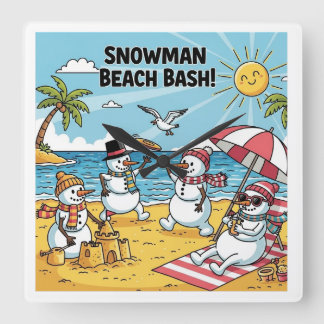 Snowmen Beach Bash Square Wall Clock