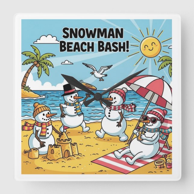 Snowmen Beach Bash Square Wall Clock (Front)