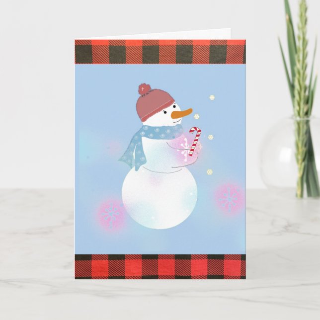 Snowmen Buffalo Plaid Christmas Holiday Card (Front)