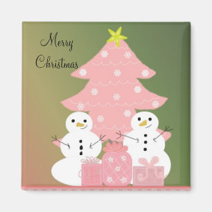Snowmen by a Pink Christmas Tree Magnet