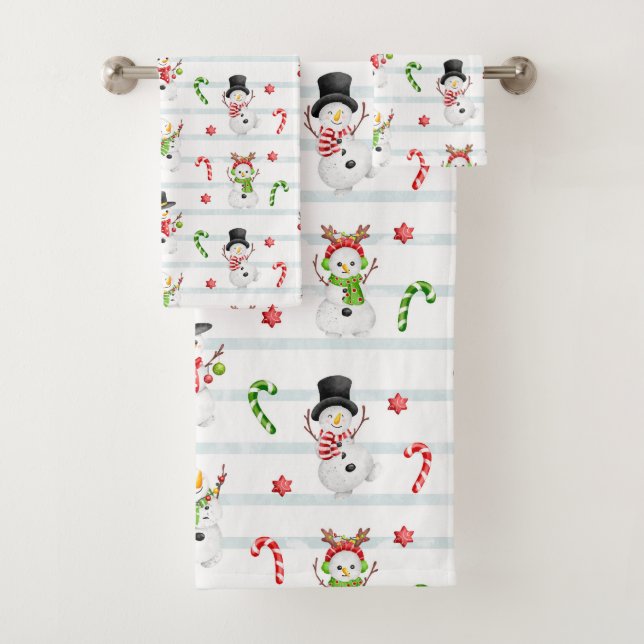Snowmen, Candy Canes, Stars and Stripes Bath Towel Set (Insitu)