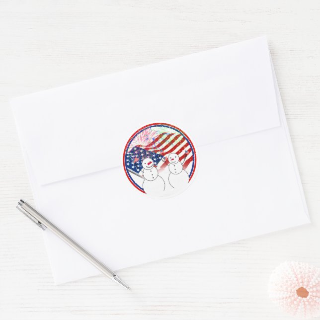 Snowmen Celebrating Independence Classic Round Sticker (Envelope)