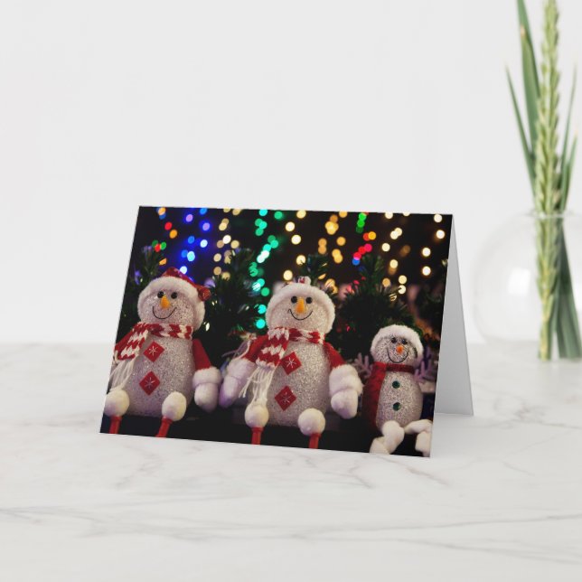 Snowmen Christmas Ornaments on Decorative Tree Holiday Card (Front)