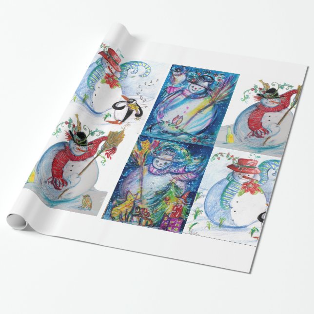 SNOWMEN CHRISTMAS  PARTY AND PENGUIN'S SERENADE WRAPPING PAPER (Unrolled)