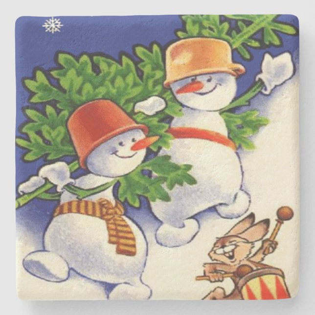 Snowmen Christmas Tree Drumming Rabbit Stone Coaster (Front)
