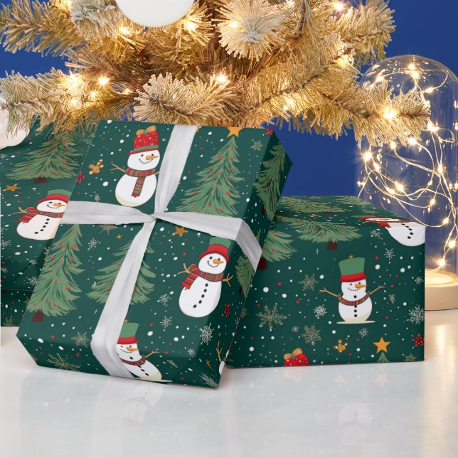 Snowmen Christmas Trees Green Christmas Wrapping Paper (Holidays)