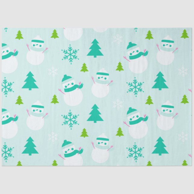 Snowmen Christmas Trees Snowflakes Green Christmas Tissue Paper (Front)