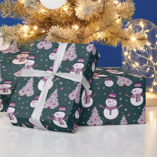 Snowmen Christmas Trees Snowflakes Green Christmas Wrapping Paper