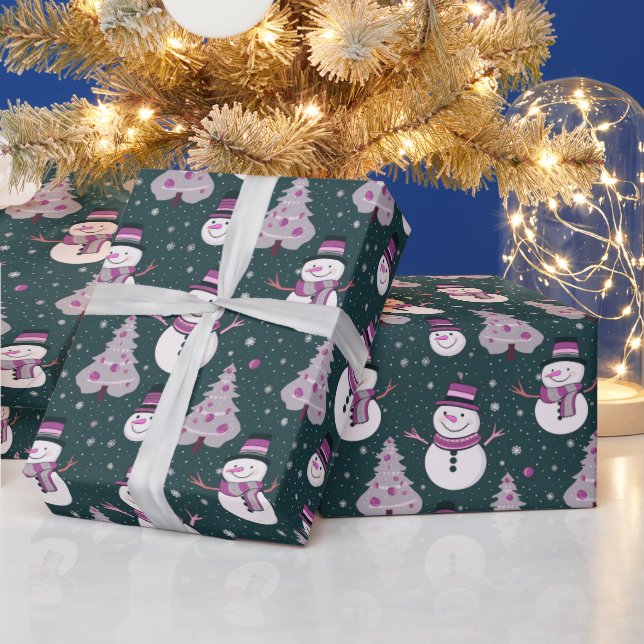 Snowmen Christmas Trees Snowflakes Green Christmas Wrapping Paper (Holidays)