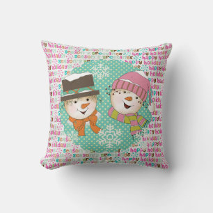 Snowmen Couple Dots and Typography Holiday Pillow