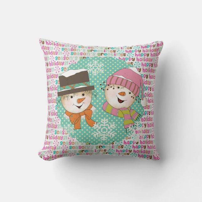 Snowmen Couple Dots and Typography Holiday Pillow (Front)