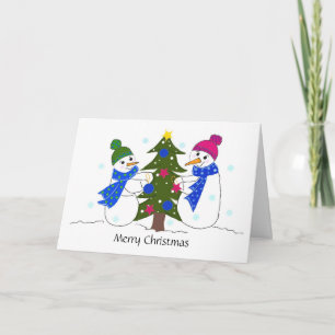 Snowmen Decorating a Christmas Tree Holiday Card