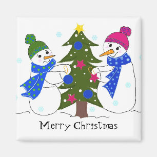 Snowmen Decorating a Christmas Tree Magnet