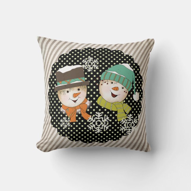 Snowmen Dots and Stripes Holiday Pillow (Front)