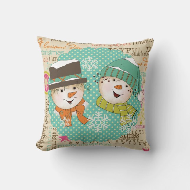 Snowmen Dots and Typography Holiday Pillow (Front)