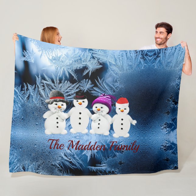 Snowmen Family of Four Personalised Fleece Blanket (In Situ)