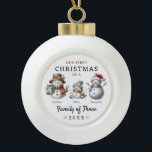 Snowmen Family of Three First Christmas Ceramic Ball Christmas Ornament<br><div class="desc">Snowman Family of Three First Christmas Ornament for parents who just had their first child with mum,  dad and baby snowmen. Our first Christmas as a family of three personalised snowman keepsake ornament.</div>