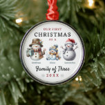 Snowmen Family of Three First Christmas Metal Ornament<br><div class="desc">Snowman Family of Three First Christmas Ornament for parents who just had their first child with mum, dad and baby snowmen. Our first Christmas as a family of three personalised snowman keepsake ornament. Celebrate your first holiday season as a family with our "Our First Christmas as a Family of 3"...</div>