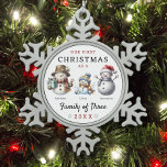 Snowmen Family of Three First Christmas Snowflake Pewter Christmas Ornament<br><div class="desc">Snowman Family of Three First Christmas Ornament for parents who just had their first child with mum,  dad and baby snowmen. Our first Christmas as a family of three personalised snowman keepsake ornament.</div>