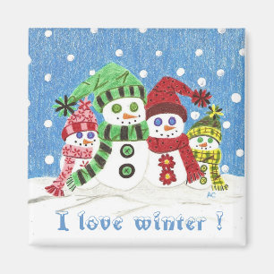 Snowmen family square magnet .
