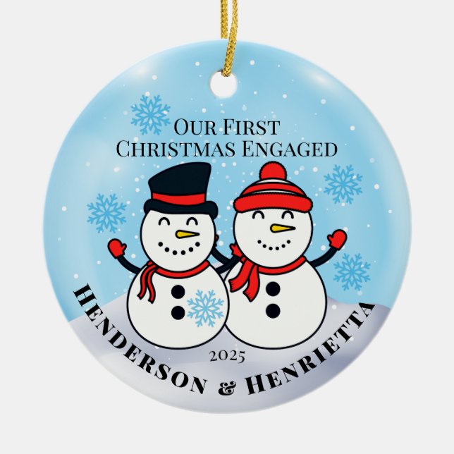 Snowmen First Christmas Engaged Ceramic Ornament (Front)