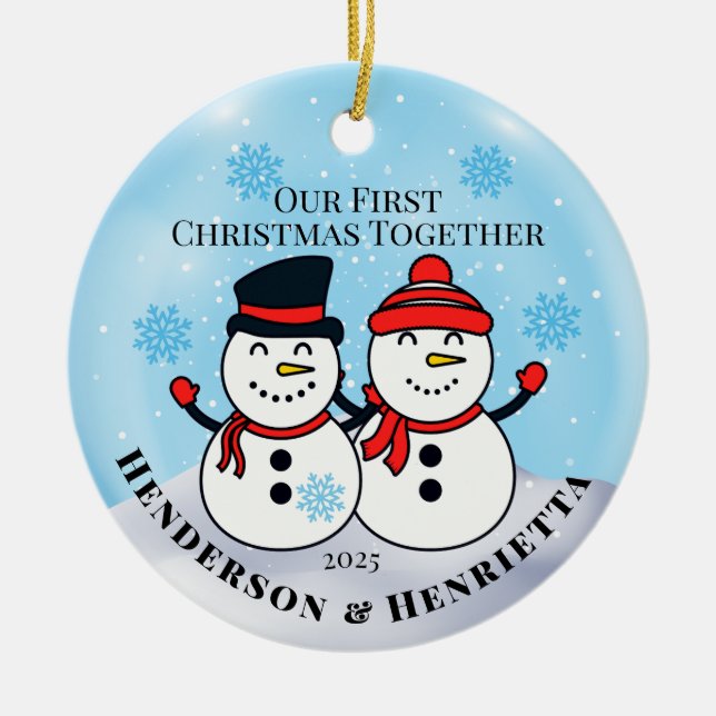 Snowmen First Christmas Together Ceramic Ornament (Front)