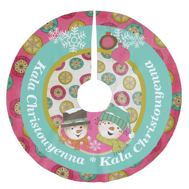 Snowmen Greek Merry Christmas Tree Skirt (Front)