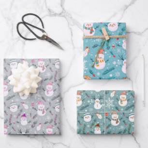 Snowmen Greenery and Snowflakes Christmas Wrapping Paper Sheet