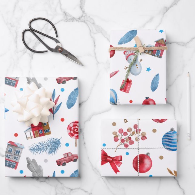 SNOWMEN, HOLIDAY HOUSES, CHRISTMAS ORNAMENTS, BOWS WRAPPING PAPER SHEET (Front)