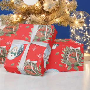 Snowmen, Holiday Wreath Festive Christmas Red  Wrapping Paper