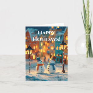 Snowmen in a Magical, Colourful Christmas Village Holiday Card