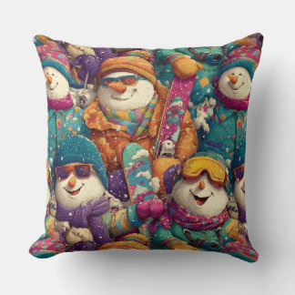 Snowmen In Designer Ski Gear On The Slopes Cushion