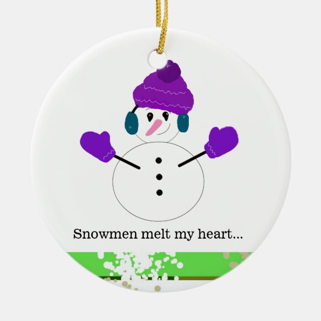 Snowmen In Purple Melt My Heart Ceramic Ornament (Front)